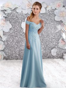 Floor Length Zipper Prom Dresses Light Blue for Prom and Party with Beading and Lace