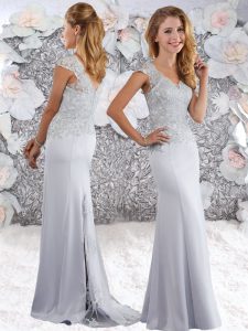 Sleeveless Lace Zipper Homecoming Dress with Silver Sweep Train