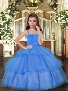 Blue Tulle Lace Up Little Girl Pageant Dress Sleeveless Floor Length Ruffled Layers