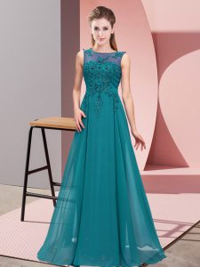 Unique Teal Sleeveless Beading and Appliques Floor Length Quinceanera Court Dresses