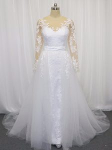 White Clasp Handle Scoop Lace and Belt Wedding Gowns Tulle Long Sleeves Court Train