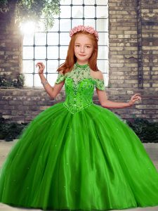 Elegant Green Lace Up Off The Shoulder Beading Evening Gowns Tulle Sleeveless