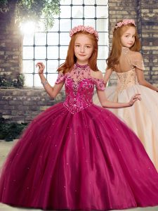 Excellent Fuchsia Ball Gowns Tulle High-neck Sleeveless Beading Floor Length Lace Up Girls Pageant Dresses