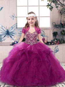 Straps Sleeveless Lace Up Pageant Dress for Girls Fuchsia Tulle