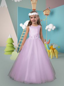 Floor Length Lace Up Flower Girl Dress Lilac for Wedding Party with Appliques