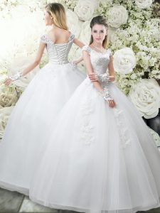 Custom Fit White Lace Up Scoop Appliques Wedding Gown Tulle Cap Sleeves