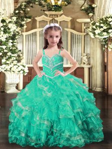 Turquoise Ball Gowns Straps Sleeveless Organza Floor Length Lace Up Beading and Ruffles Pageant Dress