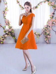 Orange Red A-line V-neck Cap Sleeves Lace Mini Length Lace Up Lace Bridesmaid Dress