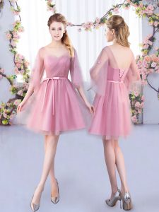 Eye-catching Pink A-line V-neck Half Sleeves Tulle Mini Length Lace Up Appliques and Belt Bridesmaid Dresses