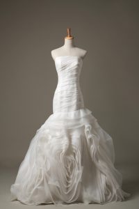 Customized White Wedding Dresses Wedding Party with Ruching Strapless Sleeveless Brush Train Lace Up