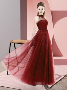 Low Price Wine Red Tulle Lace Up Wedding Party Dress Sleeveless Floor Length Beading and Appliques