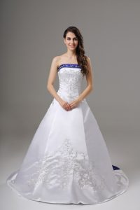 White Lace Up Strapless Beading and Embroidery Wedding Gowns Satin Sleeveless Brush Train