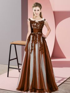 Beading and Lace Quinceanera Dama Dress Brown Zipper Sleeveless Floor Length