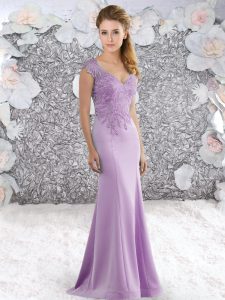 Lilac Zipper Prom Dresses Beading Cap Sleeves Sweep Train