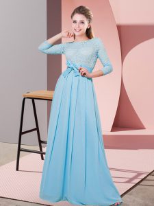 Shining Chiffon 3 4 Length Sleeve Floor Length Bridesmaid Gown and Lace and Belt