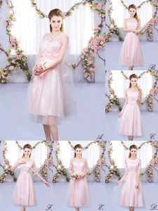 Empire Dama Dress for Quinceanera Baby Pink V-neck Tulle Sleeveless Tea Length Lace Up