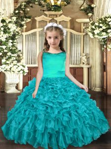 Aqua Blue Organza Lace Up Little Girls Pageant Gowns Sleeveless Floor Length Ruffles