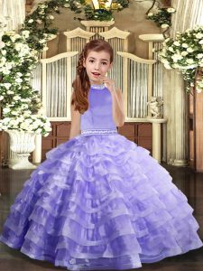 Beading and Ruffled Layers Pageant Gowns Lavender Backless Sleeveless Floor Length