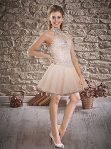 Flare Pink Lace Up Teens Party Dress Beading Sleeveless Mini Length