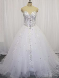 Elegant White Tulle Lace Up Sweetheart Sleeveless Wedding Dress Court Train Beading and Appliques