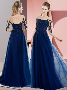 Admirable Navy Blue Chiffon Lace Up Court Dresses for Sweet 16 Half Sleeves Floor Length Beading and Lace