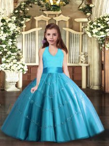 Floor Length Lace Up Pageant Gowns Baby Blue for Party and Wedding Party with Beading
