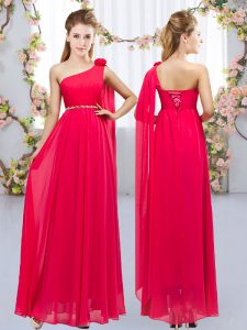 Lovely Chiffon One Shoulder Sleeveless Lace Up Beading and Hand Made Flower Bridesmaids Dress in Red