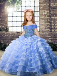 Affordable Lace Up Pageant Gowns For Girls Blue for Party and Wedding Party with Beading and Ruffled Layers Brush Train