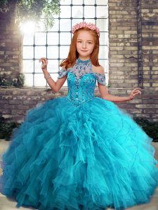 Eye-catching Floor Length Lace Up Pageant Dress Toddler Aqua Blue for Party and Wedding Party with Beading and Ruffles