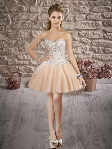 Deluxe Champagne Ball Gowns Tulle Sweetheart Sleeveless Beading and Lace Mini Length Lace Up Homecoming Dress
