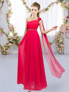 Dynamic Sleeveless Floor Length Beading and Hand Made Flower Lace Up Bridesmaid Dress with Red
