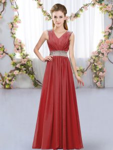 V-neck Sleeveless Lace Up Bridesmaids Dress Wine Red Chiffon