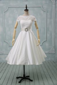 Artistic Tea Length Clasp Handle Wedding Dresses White for Wedding Party with Lace and Sashes ribbons