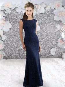 Navy Blue Lace Zipper Prom Dresses Sleeveless Floor Length Lace and Belt