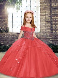 Wonderful Coral Red Ball Gowns Beading and Ruffles Pageant Dress Womens Lace Up Tulle Sleeveless Floor Length