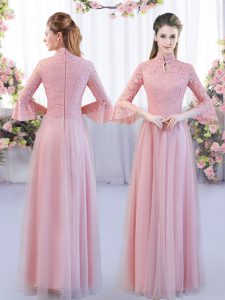 Spectacular High-neck 3 4 Length Sleeve Zipper Bridesmaid Dress Pink Tulle