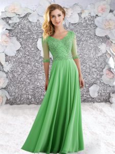 Green Chiffon Zipper Prom Dress Half Sleeves Floor Length Beading