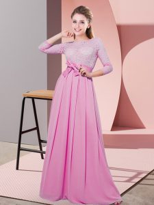 Rose Pink Scoop Side Zipper Lace and Belt Bridesmaid Dresses 3 4 Length Sleeve