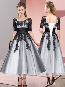 Fabulous Grey Short Sleeves Tulle Lace Up Quinceanera Court of Honor Dress for Wedding Party
