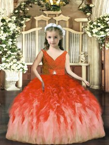 Beading and Ruffles Pageant Dresses Rust Red Backless Sleeveless Floor Length