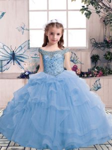 Trendy Floor Length Lace Up Pageant Dress for Girls Light Blue for Party and Military Ball and Wedding Party with Beadin
