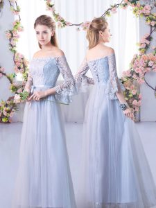 Grey 3 4 Length Sleeve Lace Floor Length Bridesmaids Dress