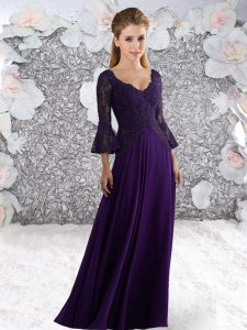 Beauteous V-neck 3 4 Length Sleeve Floor Length Lace Purple Chiffon