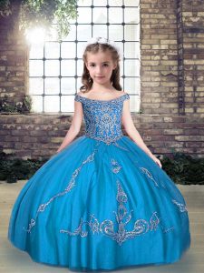 Aqua Blue Off The Shoulder Lace Up Beading and Appliques Little Girl Pageant Gowns Sleeveless