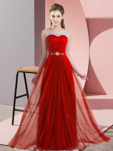 Smart Red Chiffon Lace Up Scoop Sleeveless Floor Length Wedding Guest Dresses Beading