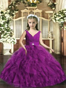 Fashionable Sleeveless Organza Floor Length Backless Pageant Gowns For Girls in Eggplant Purple with Beading and Ruffles
