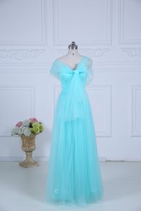 Tulle Straps Sleeveless Zipper Ruching Bridesmaid Gown in Aqua Blue