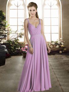 Affordable Lilac Empire Ruching Court Dresses for Sweet 16 Zipper Chiffon Sleeveless Floor Length