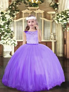 Inexpensive Sleeveless Tulle Floor Length Zipper Little Girls Pageant Dress in Lavender with Lace