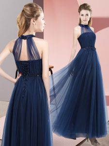 Latest Navy Blue Halter Top Lace Up Beading and Appliques Bridesmaid Gown Sleeveless